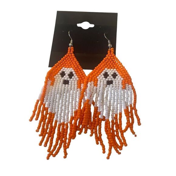 Adorable Seed Bead Ghost Drop Earrings in Orange & White. - Picture 5 of 5
